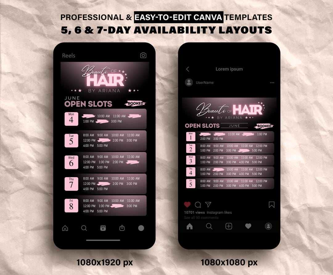 Weekly Available Appointments Template for Lash Techs, Hair Stylist ...