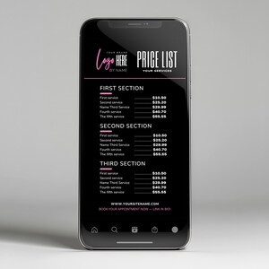 Pu&ograve; includere: Uno smartphone mostra un listino prezzi con sfondo nero e dettagli rosa. Il testo include "Logo Here", "Price List" e i prezzi dei servizi. In basso, un indirizzo web e una call to action.