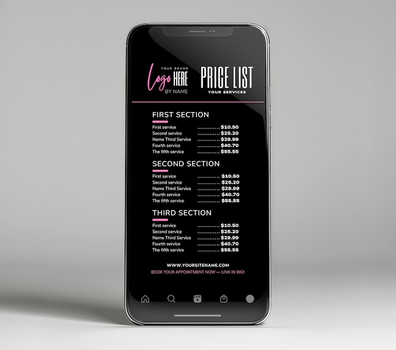 Pu&ograve; includere: Uno smartphone mostra un listino prezzi con sfondo nero e dettagli rosa. Il testo include "Logo Here", "Price List" e i prezzi dei servizi. In basso, un indirizzo web e una call to action.