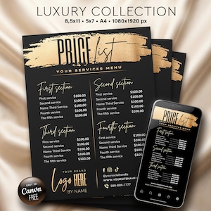 Könnte beinhalten: Schwarz-goldenes Preislistendesign mit dem Text "PRICE LIST" und "YOUR SERVICES MENU". Ein Smartphone zeigt die gleiche Preisliste an. Das Design enthält auch den Text "EDIT IN CANVA FREE".