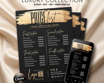 Modello di listino prezzi, menu del salone in nero e oro, elenco dei servizi per capelli, ciglia e unghie, fai da te su Canva