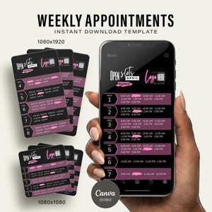 Op de afbeelding: Een smartphone toont een wekelijkse afspraaksjabloon in zwart en roze. De sjabloon toont tijdsblokken voor elke dag van de week, met de tekst "Weekly Appointments" bovenaan. Er zijn ook verschillende afspraakkaarten zichtbaar.