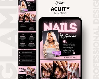Puede incluir: Una plantilla digital para un sitio de reservas de salón de uñas con un esquema de color negro y rosa. Incluye una foto de una estilista, secciones de contacto, horarios, políticas de reserva e imágenes de uñas de gel, acrílico y polvo.