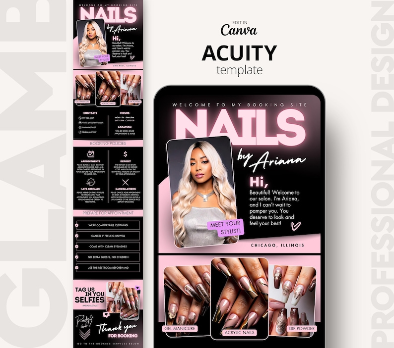 The image is a promotional flyer for a nail salon called "Nails by Ariana". It features a woman with long blonde hair and nails, along with various nail art designs and images of the salon's services. The flyer includes text and images that provide information about the salon, such as the name, services offered, and contact details. The layout is visually appealing and includes a mix of text, images, and a central image of the woman's nails.