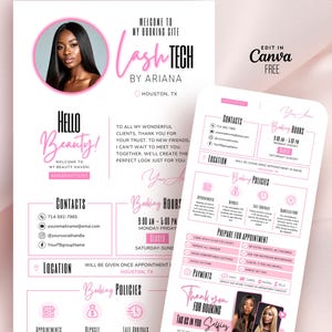 May include: A pink and white flyer and phone screen design for a lash technician, featuring a photo of a woman. The flyer includes contact information, booking hours, and policies. Text includes "Hello Beauty!" and "Lash Tech by Ariana."