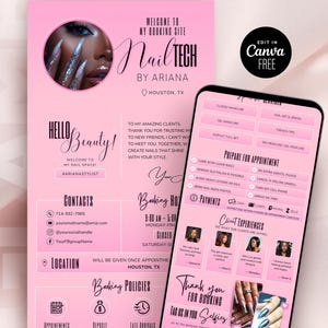 Peut inclure: Un flyer rose et un écran de smartphone affichant des informations sur un salon de manucure. Le flyer indique "Nail Tech by Ariana" et comprend les coordonnées, les politiques de réservation et une photo d'un œil et d'ongles manucurés. L'écran du téléphone affiche les services de manucure.