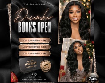 December Booking Flyer, Rose Gold Christmas Booking Flyer, Holiday Appointment, Hair Stylist, Lash Tech, Nail MUA Salon, Canva Template