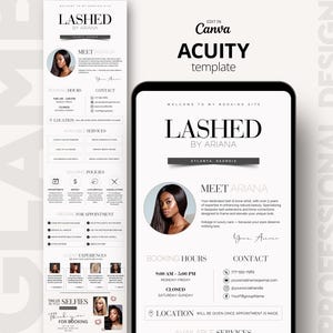 Peut inclure: Un modèle de site de réservation Acuity pour une entreprise de cils et sourcils intitulé Lashed by Ariana. La mise en page blanche comprend un portrait circulaire, des coordonnées, des horaires, des services et des politiques.