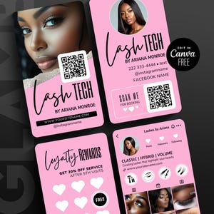 May include: Pink business cards and a phone screen promoting lash services. The cards feature the text "Lash Tech by Ariana Monroe", contact information, a QR code, and the Canva logo. The phone screen displays lash styles and social media handles.