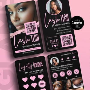 Könnte beinhalten: Werbedesign für Wimpern-Services, bestehend aus schwarzen und rosa Visitenkarten und einem Telefonbildschirm. Die Karten zeigen ein Frauenbild, "Lash Tech by Ariana Monroe", Kontaktdaten und QR-Codes. Der Telefonbildschirm zeigt Wimpernstile und Social-Media-Handles.