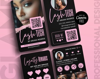 Pink Schwarz Treuekarten und Visitenkarten Vorlage für Lash Tech Bearbeitbare Canva Vorlage Instagram Visitenkarte Belohnungskarten Lash Branding