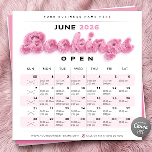Pode incluir: Um calendário rosa e branco para junho de 2026 com a palavra "Bookings" em letras rosa fofas. A grade do calendário é rosa e branca, com horários de compromissos. A palavra "OPEN" está acima da grade.