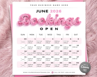 Maandelijks beschikbare afspraken Tijdvakken Flyersjabloon, Instagram-bericht, boekingskalender juni 2026, Beauty Business, bewerkbaar in canva