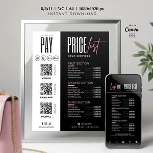 May include: A framed price list with a black and white design, featuring a pink "Price List" title and service details. A smartphone displays a similar price list. The frame includes payment QR codes.
