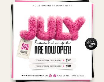 July Booking Flyer, Bookings Are Now Open Flyer Canva Template, Beauty Salon Promo Flyer, Lash Tech Booking Post, Hair Stylist Marketing