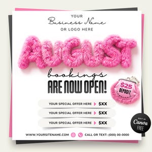 Puede incluir: Un gráfico promocional cuadrado con la palabra AUGUST en letras rosas peludas. El texto dice: YOUR Business Name OR LOGO HERE, bookings ARE NOW OPEN!, $25 DEPOSIT required, YOUR SPECIAL OFFER HERE y WWW.YOURSITENAME.COM.