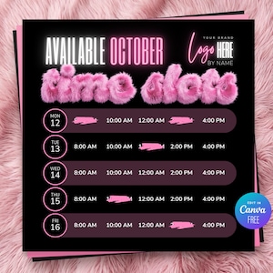 May include: A black digital schedule template with pink fuzzy text reading AVAILABLE OCTOBER time slots. It features a weekly calendar from Monday 12 to Friday 16 with various time slots listed in rows. A blue circular badge says EDIT IN Canva FREE.