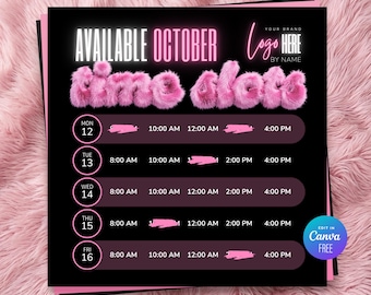 May include: A black digital schedule template with pink fuzzy text reading AVAILABLE OCTOBER time slots. It features a weekly calendar from Monday 12 to Friday 16 with various time slots listed in rows. A blue circular badge says EDIT IN Canva FREE.