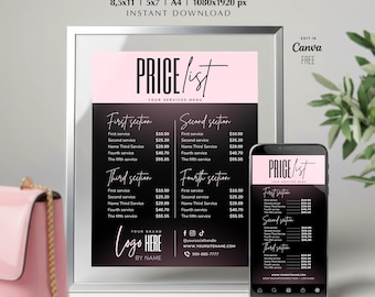 Modello di listino prezzi per salone di bellezza, Lash Tech, parrucchiere (fai da te modificabile con Canva)