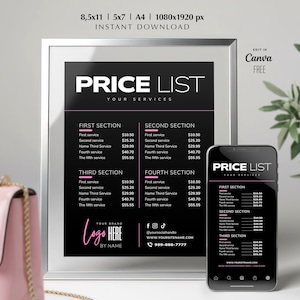 May include: A framed black and white price list with pink accents, and a smartphone displaying the same design. The price list includes sections for services with corresponding prices. The text "PRICE LIST" is prominently displayed.