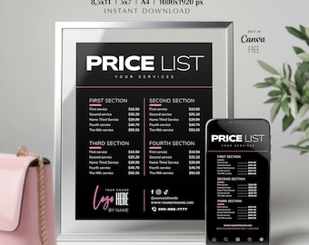 Beauty Service Price List Template: Lash, Hair, Braiders, Wig, Nail, Makeup (Editable Canva Template)