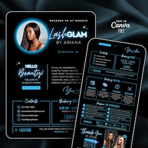 Puede incluir: Anuncio digital de Lash Glam by Ariana, con un retrato de mujer en un círculo azul. El diseño incluye información de contacto, horarios de reserva y políticas, todo en azul neón sobre fondo negro. El texto incluye 'Hello Beauty!'