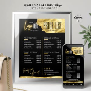 Può includere: Un listino prezzi nero e oro incorniciato con il testo "Logo Here" e "Price List". Uno smartphone mostra lo stesso listino prezzi. È visibile anche il testo "Ready for a glow up?"