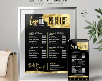 Modello di listino prezzi stampabile per trattamenti di bellezza: Lash Tech, capelli, unghie / Design oro e nero (Canva modificabile)