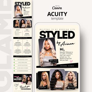 May include: A digital booking site template for a beauty salon titled Styled by Ariana. The layout features a header with a photo of a person with blonde hair, sections for contact details, booking policies, appointment preparation, and service categories.