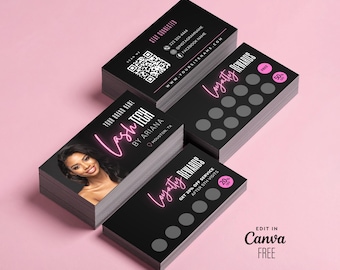 Black Pink Business Cards Template Loyalty Card Hair Stylist Lash Tech Nail Tech MUA Beauty Salon Rewards Punch Card Canva Editable Template