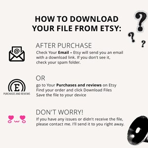May include: A graphic with instructions on how to download a file from Etsy. The text includes steps to check email or go to purchases and reviews. Icons include an envelope, a shopping cart, question marks, and a megaphone.