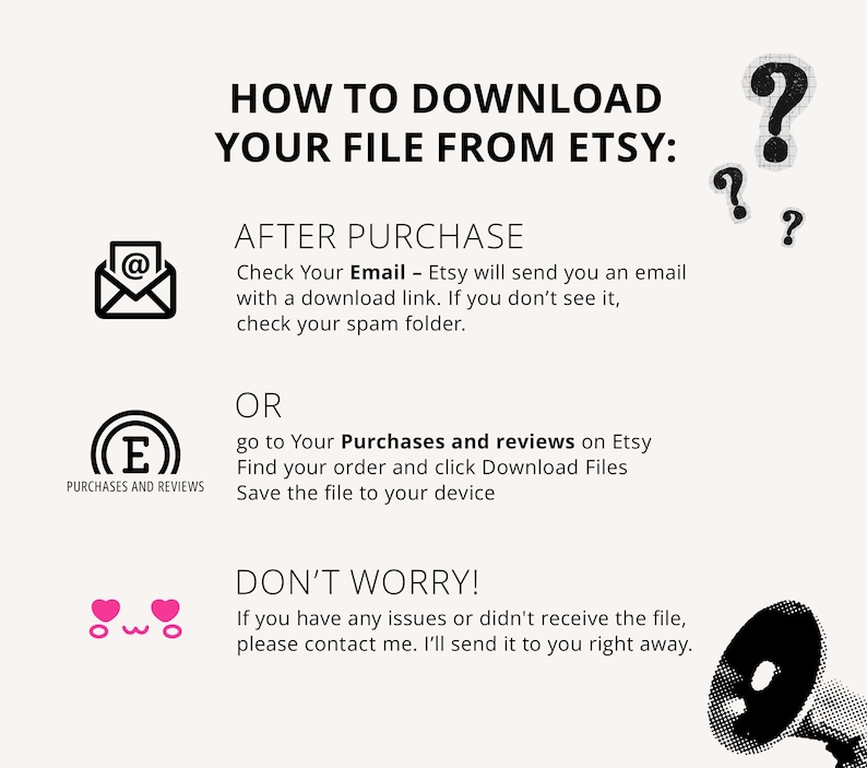 May include: A graphic with instructions on how to download a file from Etsy. The text includes steps to check email or go to purchases and reviews. Icons include an envelope, a shopping cart, question marks, and a megaphone.