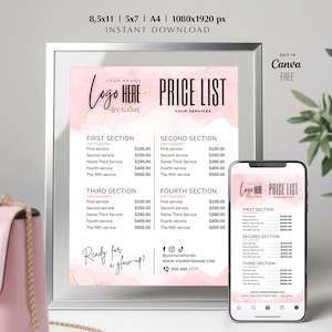 May include: A pink price list template with gold accents, displayed on a framed print and a smartphone. The price list includes sections for services with corresponding prices. The text includes "Logo Here", "Price List", and "Your Services".