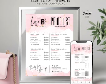 Pink Price List Template | Beauty Pricing: Lash Tech, Hair, Nail, Makeup, DIY Editable Canva