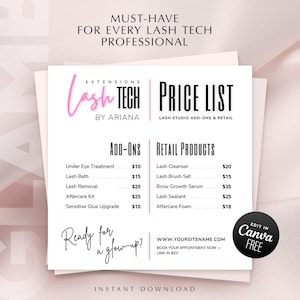 Op de afbeelding: Een witte prijslijst voor wimperverlengingen, met de tekst "Lash Tech" in roze script. De lijst bevat add-ons en retailproducten, met prijzen in Amerikaanse dollars. Het ontwerp bevat ook de tekst "Ready for a glow up?" en "Instant Download."