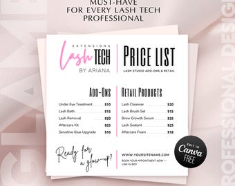 Editable Price List Template Lash Tech Flyer, Beauty Salon: Customizable PriceList LashTech Design Canva Template DIY (Digital Download)