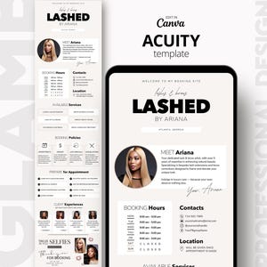 Könnte beinhalten: Digitale Werbung für "Lashed by Ariana" mit einem Frauenporträt, Buchungsdetails und Serviceinformationen. Das Design ist in Schwarz und Weiß gehalten und bewirbt Wimpern- und Augenbrauenservices.