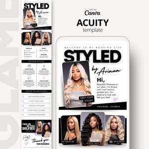 May include: A digital booking site template for a beauty salon titled STYLED by Ariana. The layout features a header with a photo of a stylist, a welcome message, and sections for booking policies, appointment preparation, and service categories.
