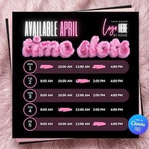 Puede incluir: Un folleto negro con el texto "AVAILABLE APRIL" en blanco y rosa. El folleto tiene un horario para la semana, con horarios en rosa. Las palabras "time aloto" están en letras rosas y esponjosas. El folleto tiene un logotipo y las palabras "EDIT IN Canva FREE".