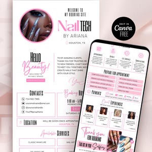 May include: A digital nail technician booking site template featuring a white background with pink accents, text including Nail Tech by Ariana, contact details, service lists, and a smartphone displaying appointment policies and client reviews.