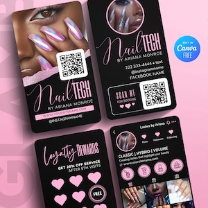 May include: A set of black and pink business cards for a nail technician. The cards display the text "Nail Tech by Ariana Monroe", a QR code, contact details, and a loyalty scheme. The image also shows a social media profile.