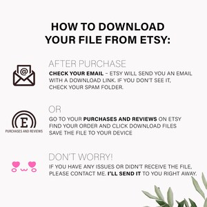 Pu&ograve; includere: Una grafica bianca con istruzioni su come scaricare un file da Etsy. Il testo include i passaggi per controllare l'e-mail, trovare acquisti e recensioni e contattare il venditore per assistenza. Gli elementi decorativi includono un'icona e-mail e cuori.