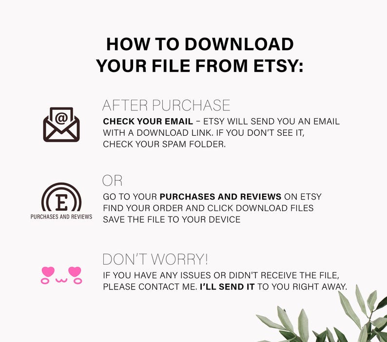 Pu&ograve; includere: Una grafica bianca con istruzioni su come scaricare un file da Etsy. Il testo include i passaggi per controllare l'e-mail, trovare acquisti e recensioni e contattare il venditore per assistenza. Gli elementi decorativi includono un'icona e-mail e cuori.