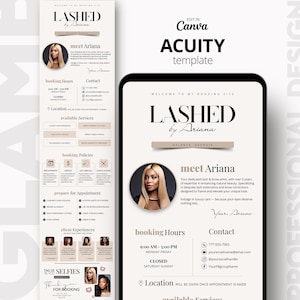 Può includere: Annuncio digitale per un'artista di ciglia e sopracciglia, con il testo "Lashed by Ariana" e una foto dell'artista. Il design include informazioni sulla prenotazione, servizi e politiche, il tutto in una palette di colori neutri.
