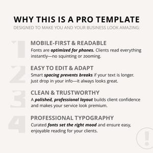 May include: A graphic with the title "WHY THIS IS A PRO TEMPLATE" and the subtitle "DESIGNED TO MAKE YOU AND YOUR BUSINESS LOOK AMAZING:". The graphic lists four features: Mobile-First & Readable, Easy to Edit & Adapt, Clean & Trustworthy, and Professional Typography.