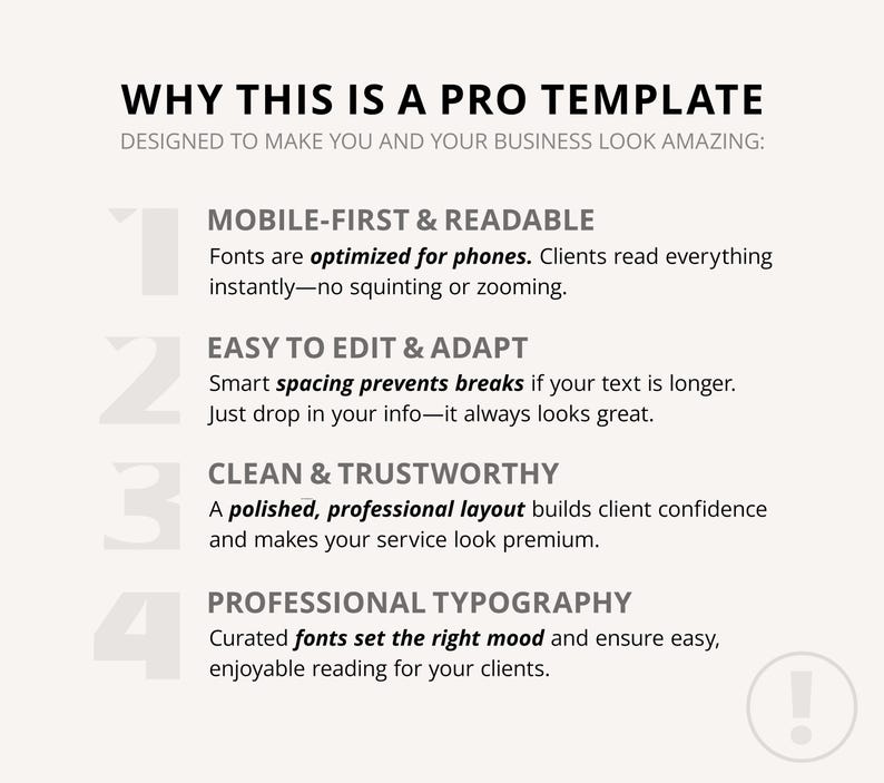 May include: A graphic with the title "WHY THIS IS A PRO TEMPLATE" and the subtitle "DESIGNED TO MAKE YOU AND YOUR BUSINESS LOOK AMAZING:". The graphic lists four features: Mobile-First & Readable, Easy to Edit & Adapt, Clean & Trustworthy, and Professional Typography.