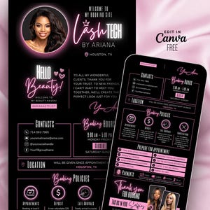 May include: A black and pink flyer and phone screen promoting Lash Tech services by Ariana. The flyer includes contact information, booking hours, and policies. The phone screen displays similar information, including payment options and preparation instructions.