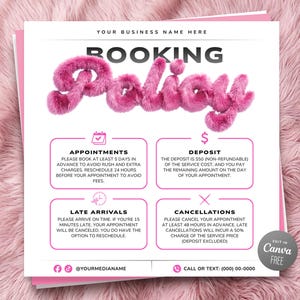 以下が含まれることがあります： YOUR BUSINESS NAME HEREおよびBOOKING POLICYという文字が大きく、ふわふわした鮮やかなピンク色の文字で書かれた正方形の予約ポリシーテンプレート。予約、デポジット、遅刻、キャンセルに関する4つのセクションとアイコンが含まれています。