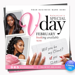 Könnte beinhalten: Eine Valentinstags-Werbegrafik mit dem Text "Valentine's Special Day" und "Buchungen für Februar jetzt verfügbar." Enthält Bilder von zwei Frauen, einer rosa Rose und einem Notizblock mit der Aufschrift "Will you be my Client?"