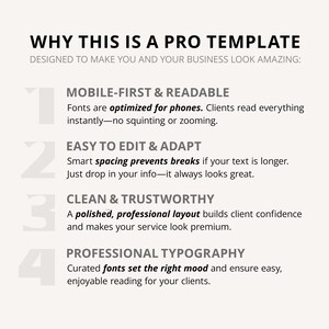 The image is a professional template designed to make you and your business look amazing. It features a clean and professional layout, optimized fonts for phones, and easy editing and adaptability. The template also includes a professional typography section that ensures the right mood and easy reading for your clients.